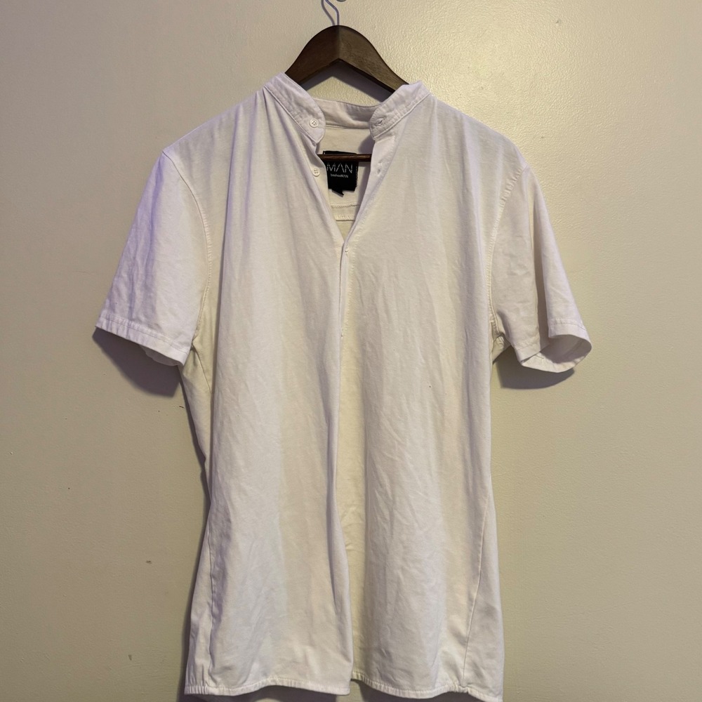 Men's White Short Sleeve Mandarin Collar Button Up Shirt Size Large Basics